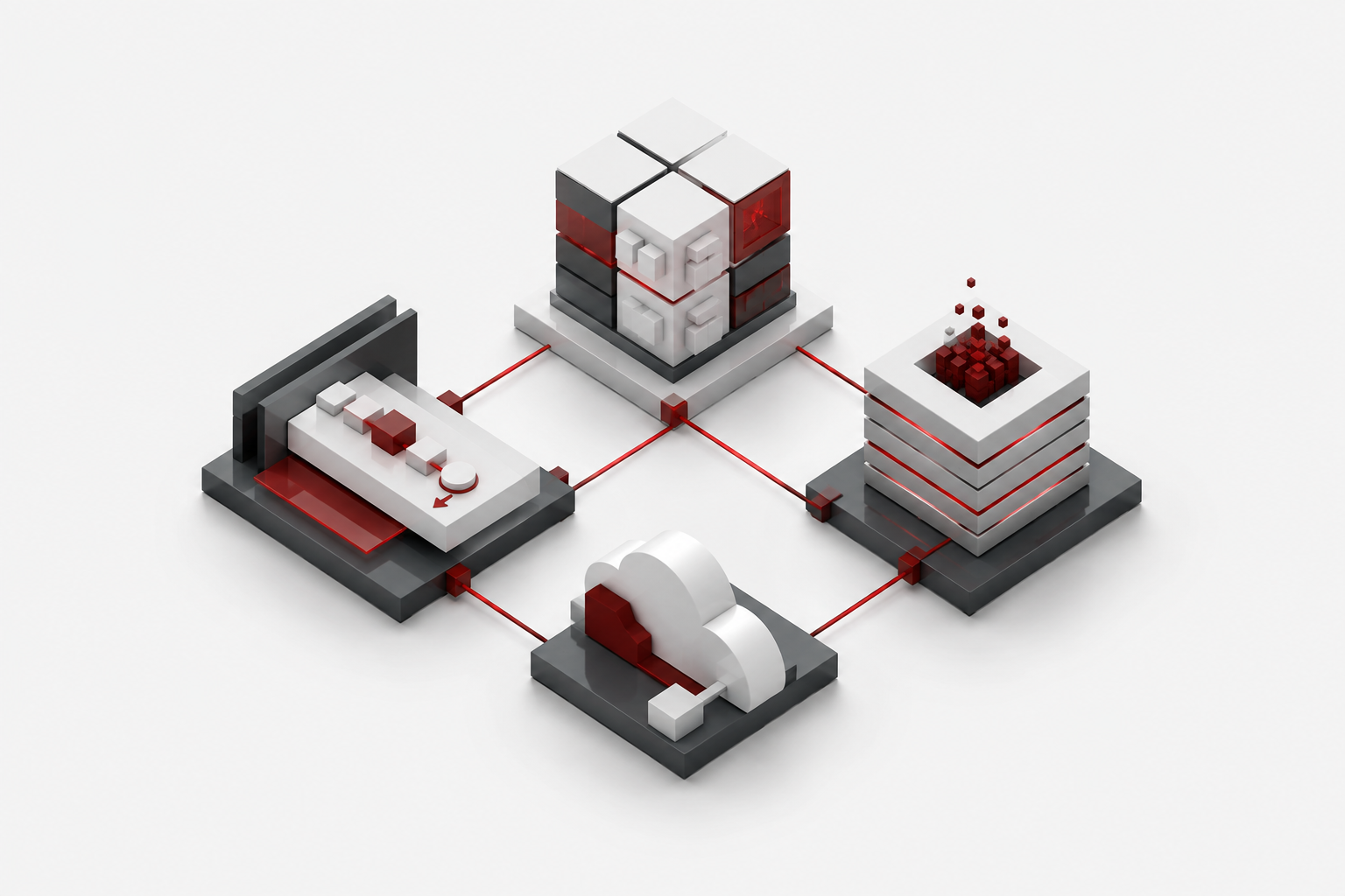 Four interconnected modules representing applications, workflows, data and cloud services.